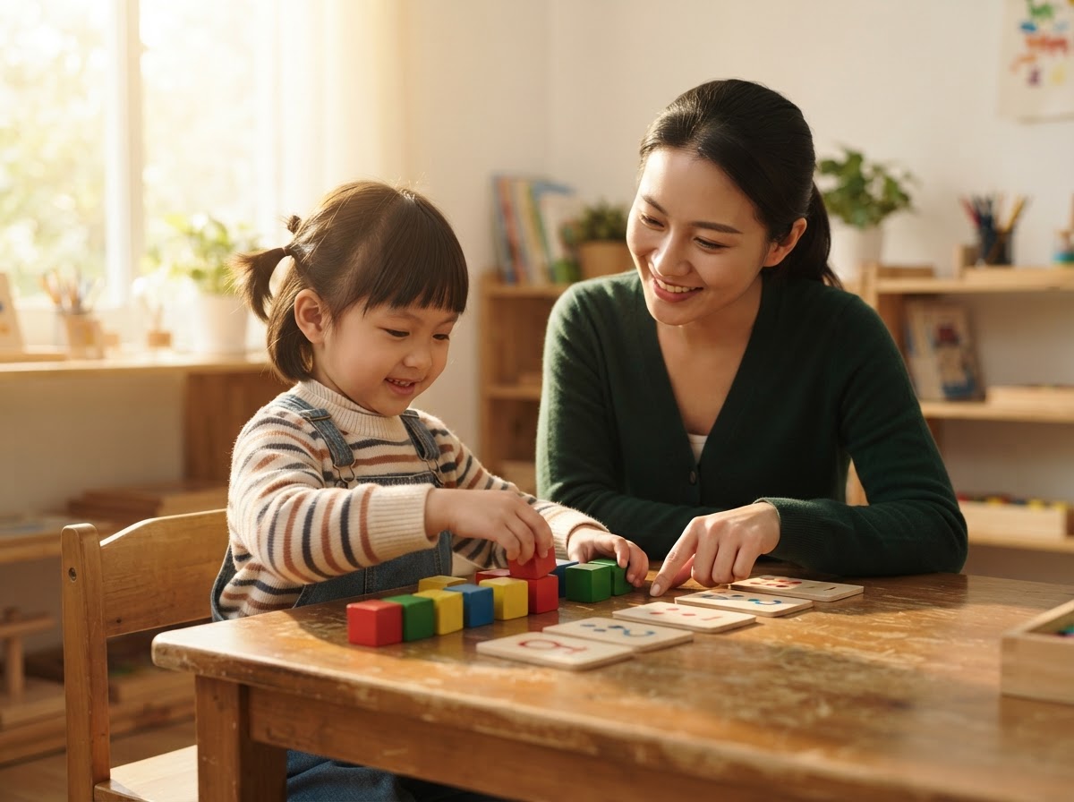 A young Chinese child counting with colourful wooden math blocks and number cards