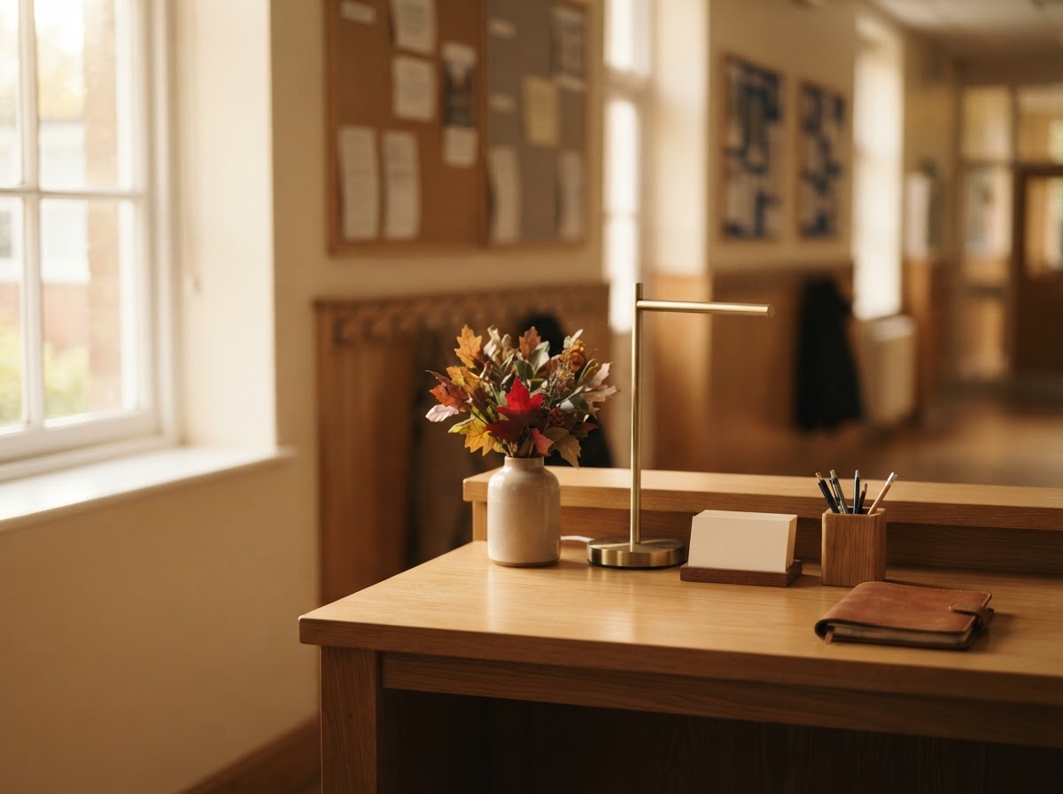 A bright tidy school reception office desk with warm wooden surfaces
