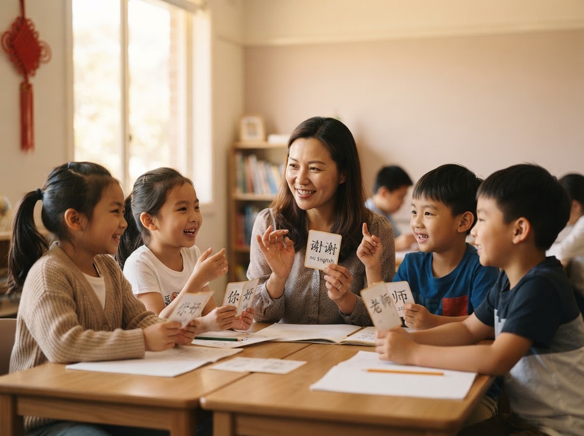 A mixed group of beginner Chinese children learning Mandarin with flashcards and gestures, a Chinese teacher smiling