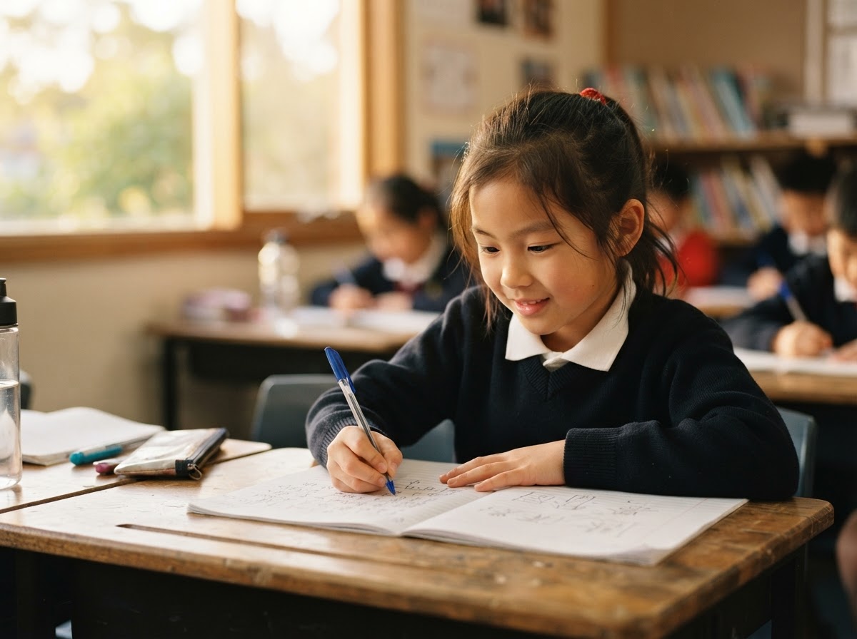 A nine year old Chinese child writing at a desk, concentrating, classmates softly blurred behind