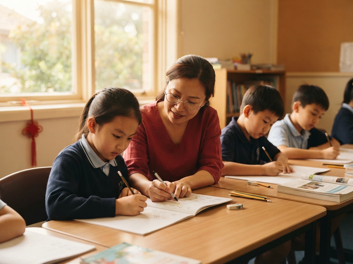 Chinese primary school children focused and engaged at their desks in an advanced Mandarin class