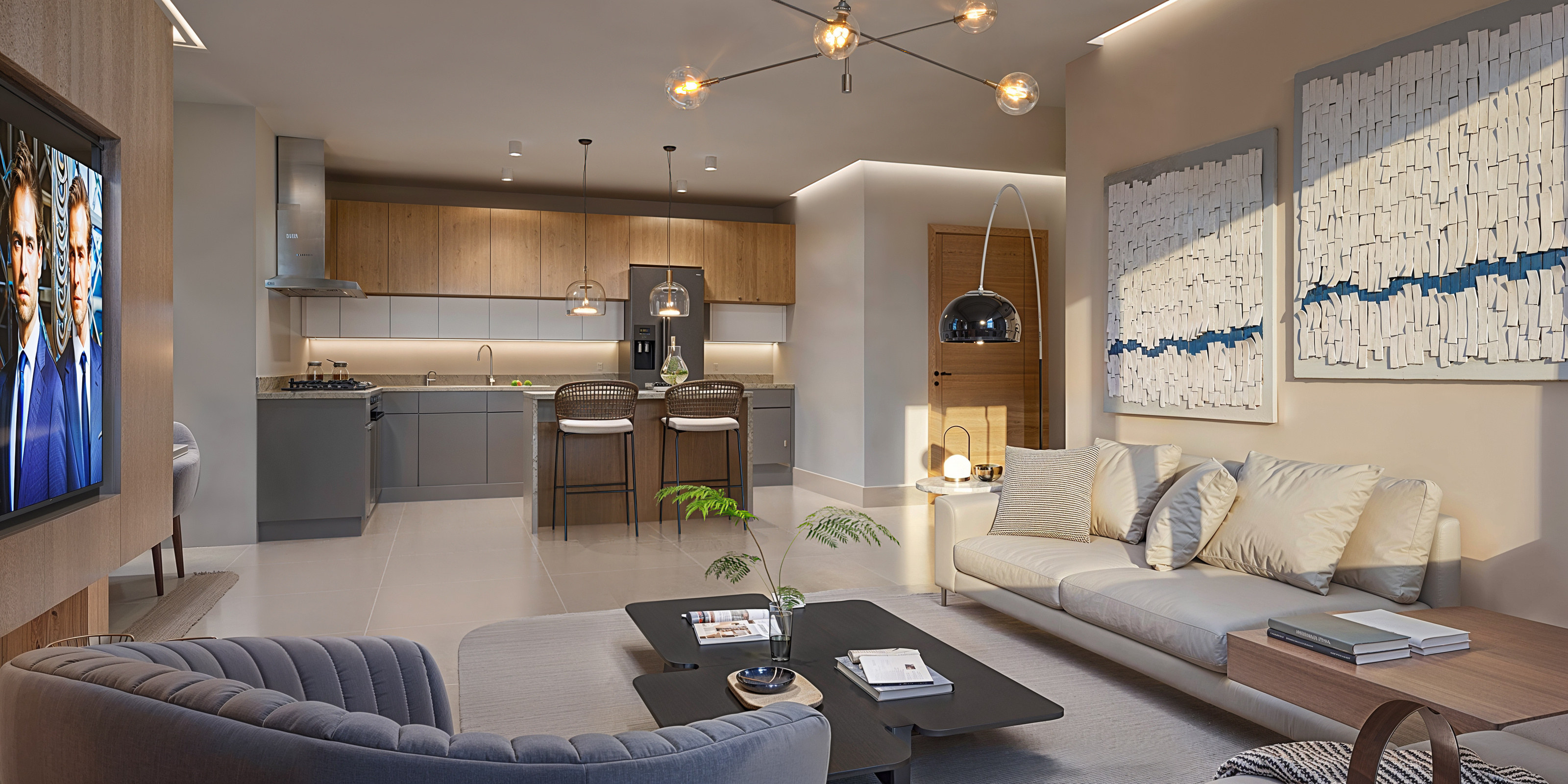 Cocina integrada Veneta Cucine y sala abierta al balcón en un apartamento de Caribbean Bay Building
