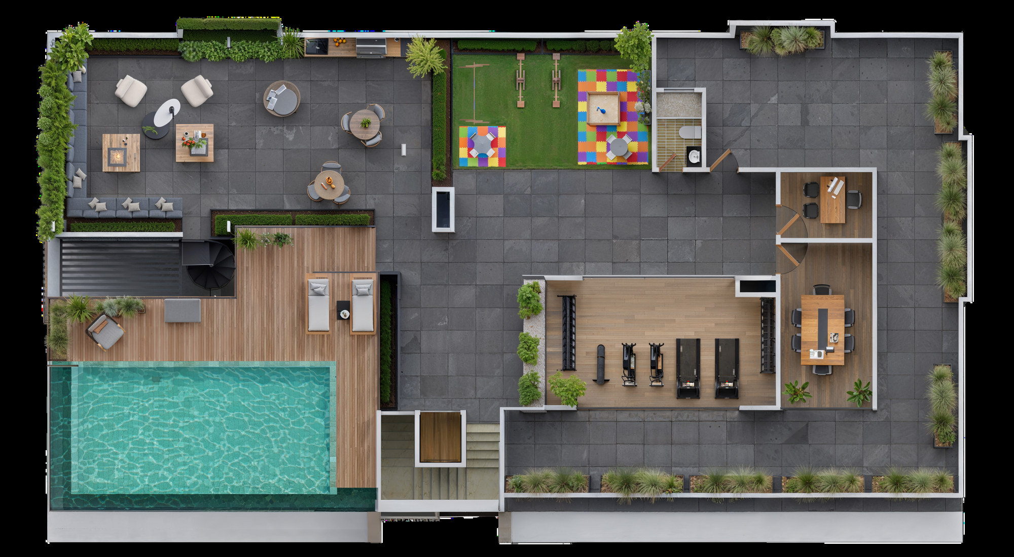 Plano de la azotea de Caribbean Bay Building con piscina, gimnasio, coworking, área infantil y BBQ