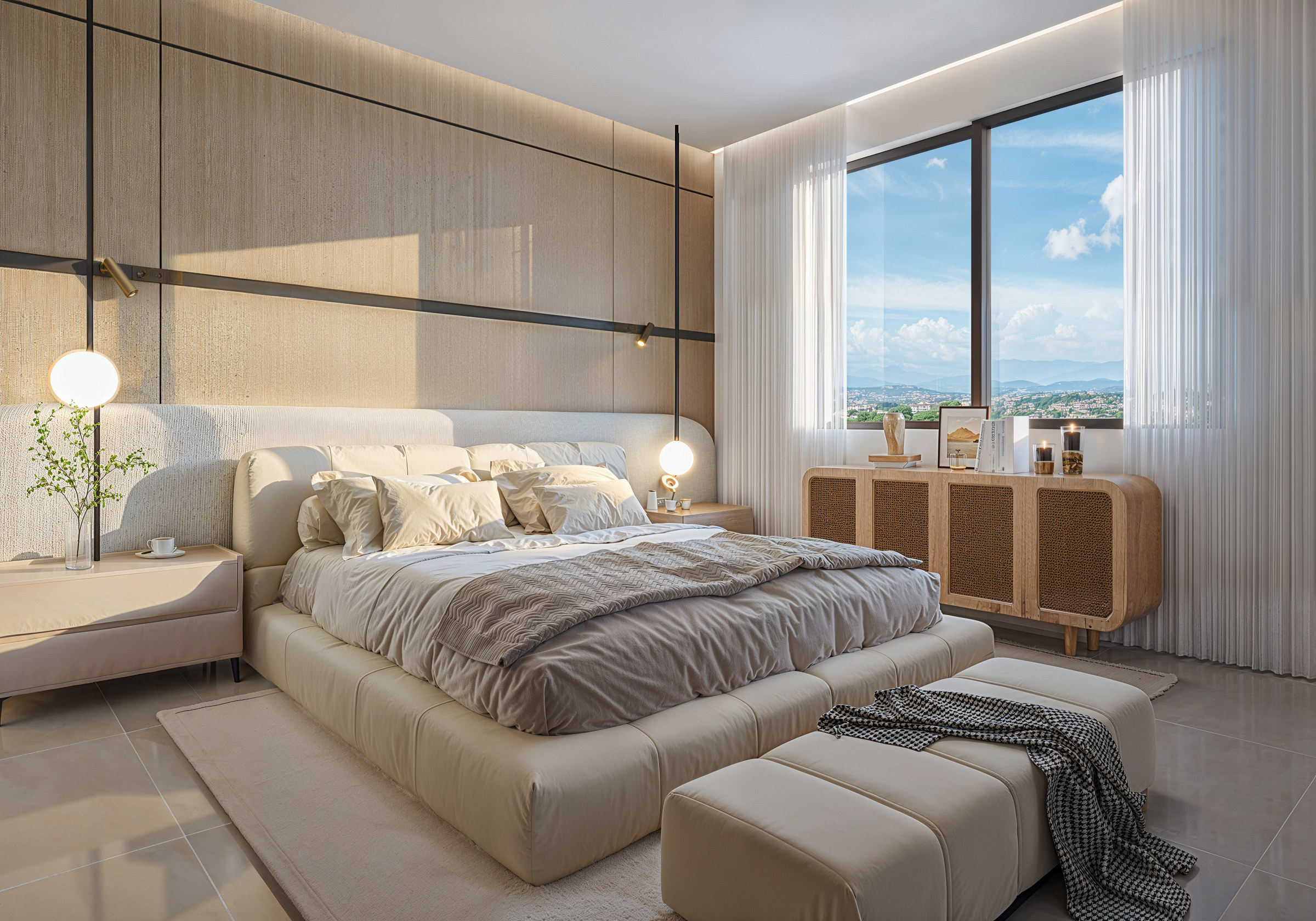 Habitación contemporánea con vista al mar en un apartamento de Caribbean Bay Building