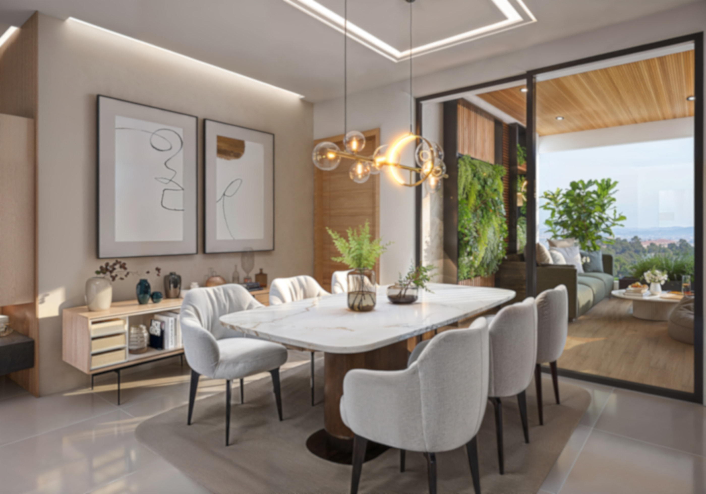 Comedor contemporáneo integrado con vista a la terraza en un apartamento de Caribbean Bay Building