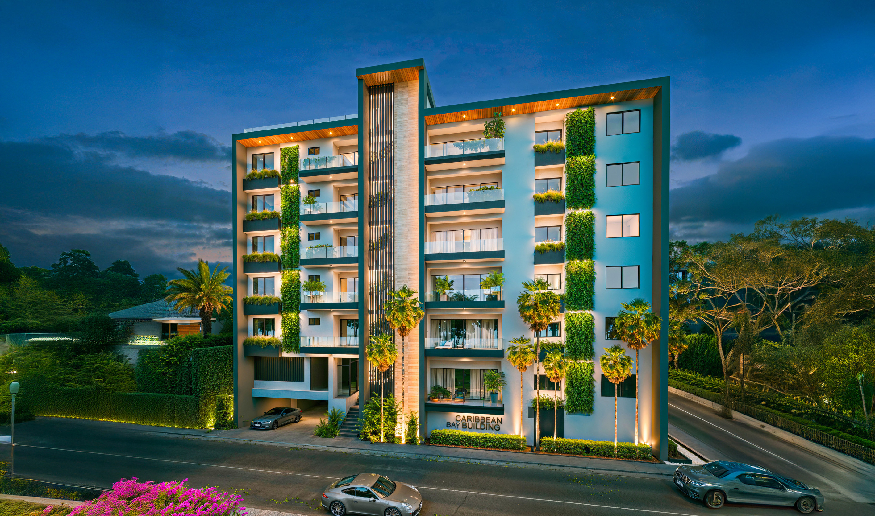 Caribbean Bay Building — fachada nocturna en La Caleta, La Romana