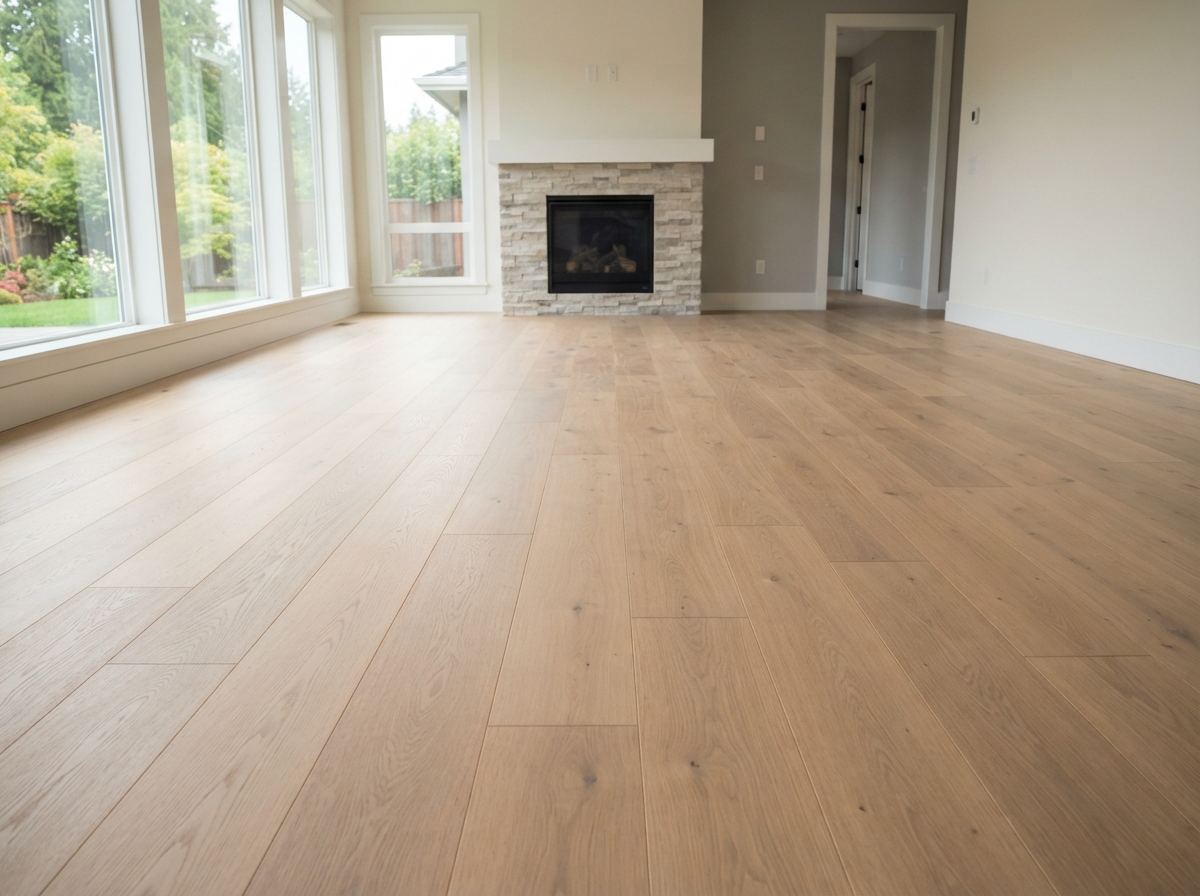 Newly installed hardwood flooring in a bright living room, illustrating the kind of flooring work Preferred Home Improvement does