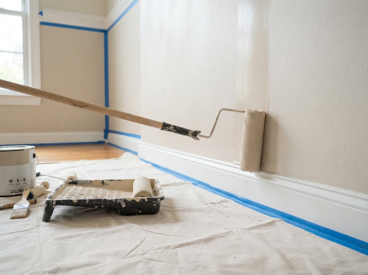Interior wall being painted with a roller and fresh neutral paint, illustrating the kind of painting work Preferred Home Improvement does