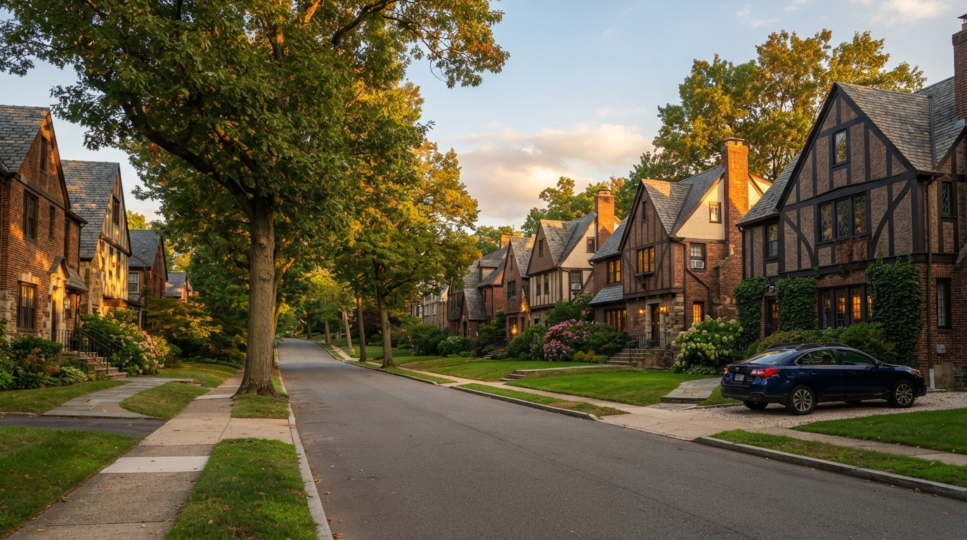 Tree-lined residential street in Colonial Heights, Yonkers, NY at golden hour