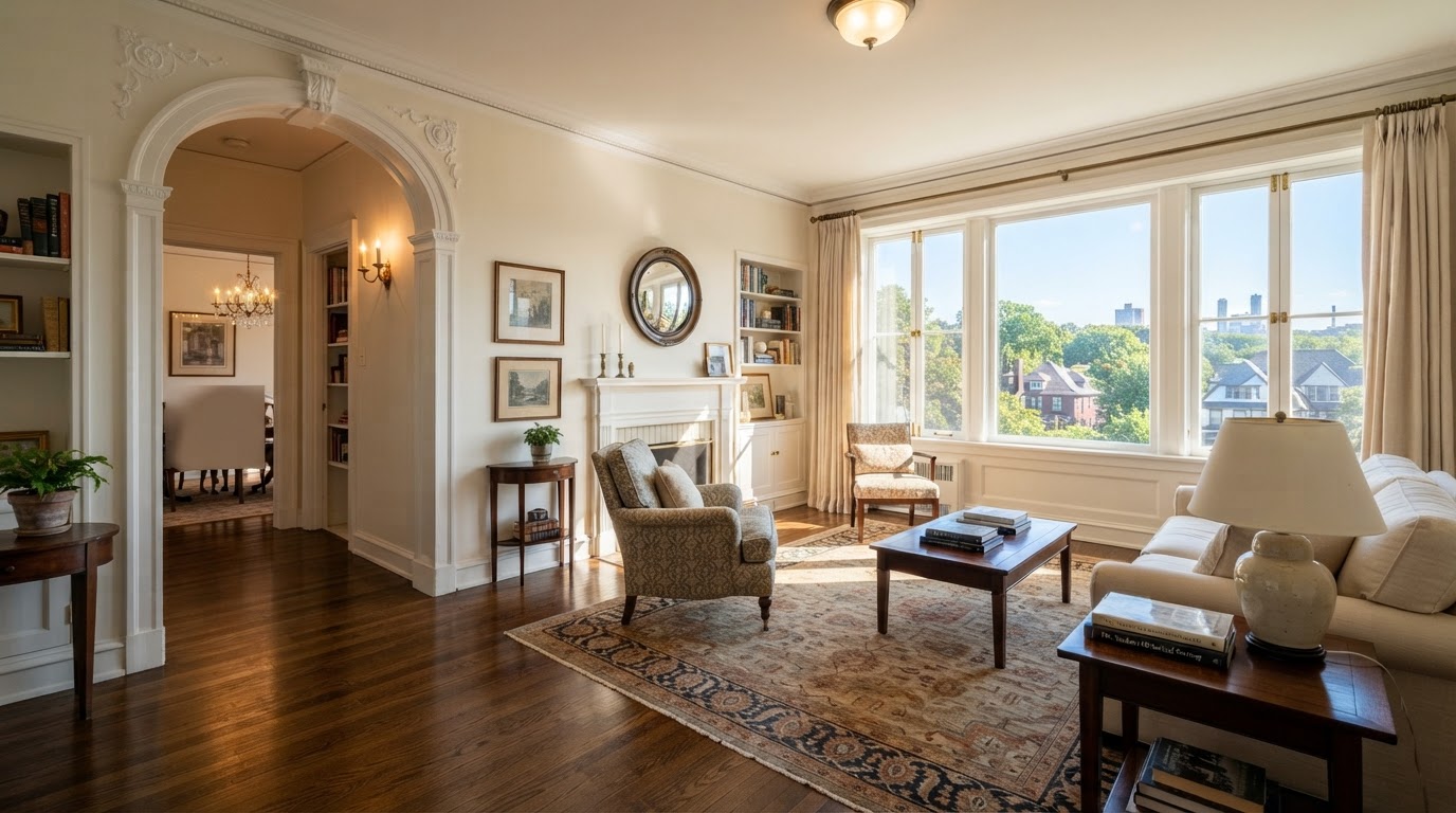 Bright living room in a Colonial Heights, Yonkers co-op apartment