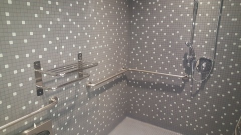 Accessible ADA compliant shower installation with gray dot mosaic tiles stainless steel grab bars and built-in corner shelf by Level 4 Tile and Stone