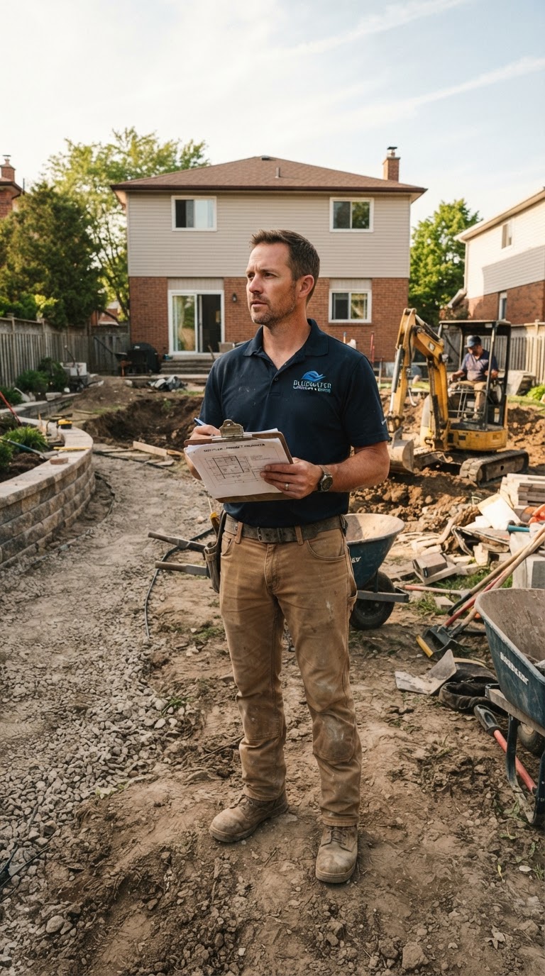 3V Landscaping contractor with clipboard surveying a backyard project in Northern Utah