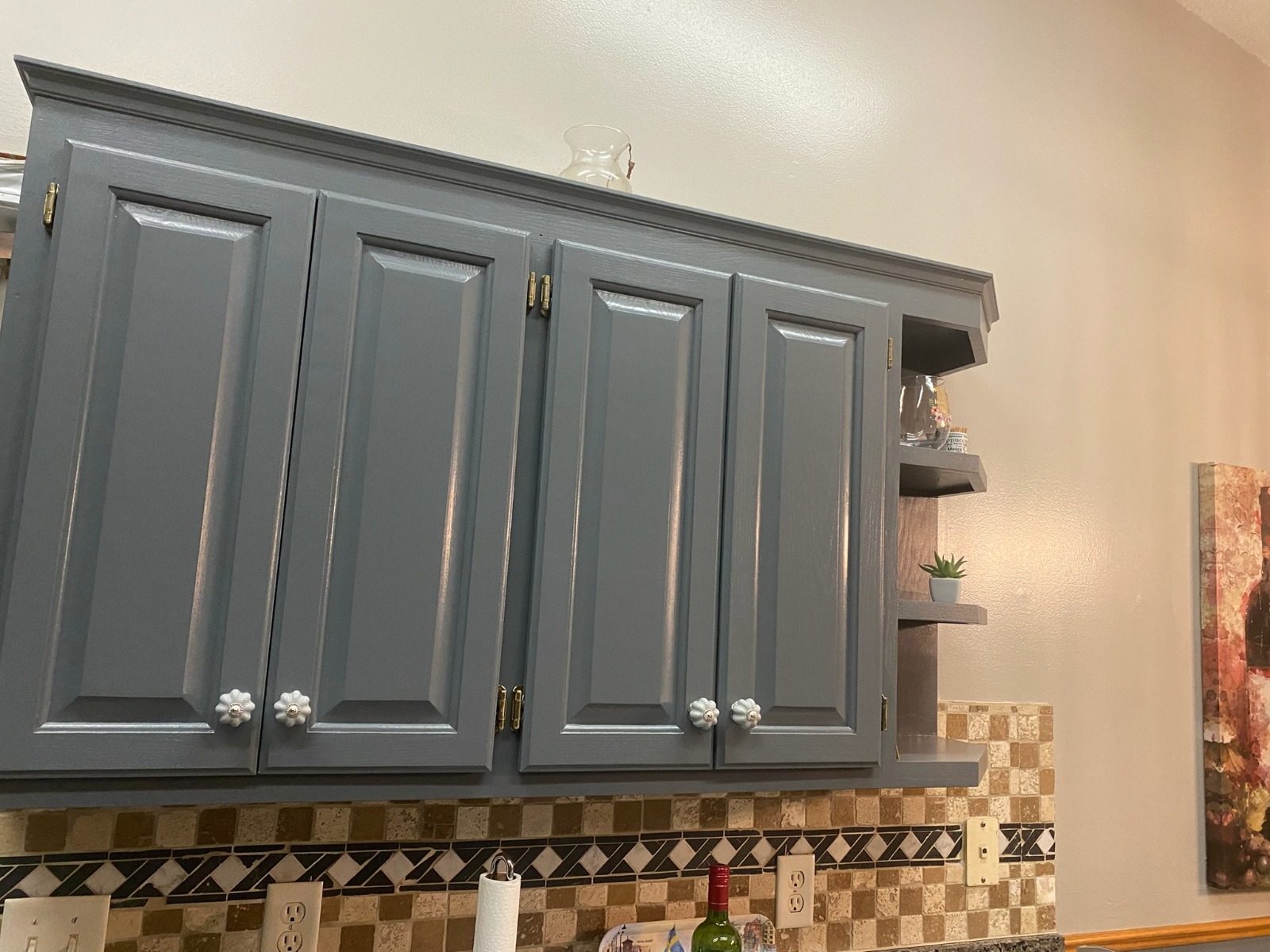 Upper Cabinet Refinishing — Elegant Gray with Gold Hardware