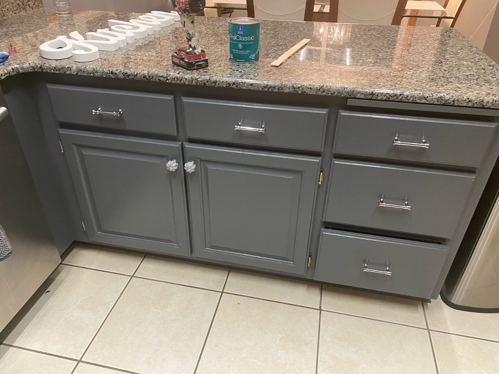 Base Cabinets & Drawers — Custom Gray with Modern Hardware