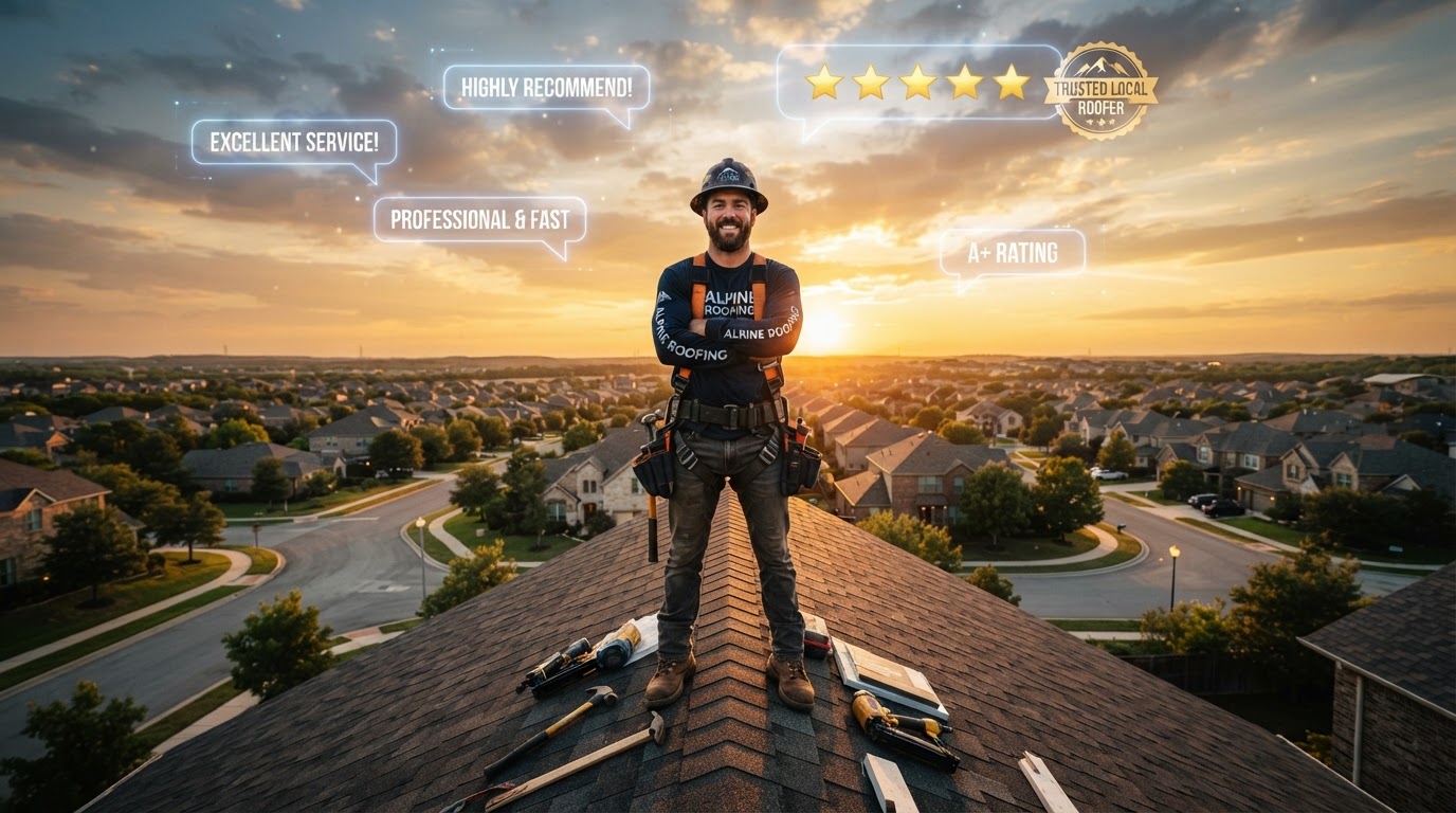 Roofing contractor on a rooftop with AI-powered booking tools