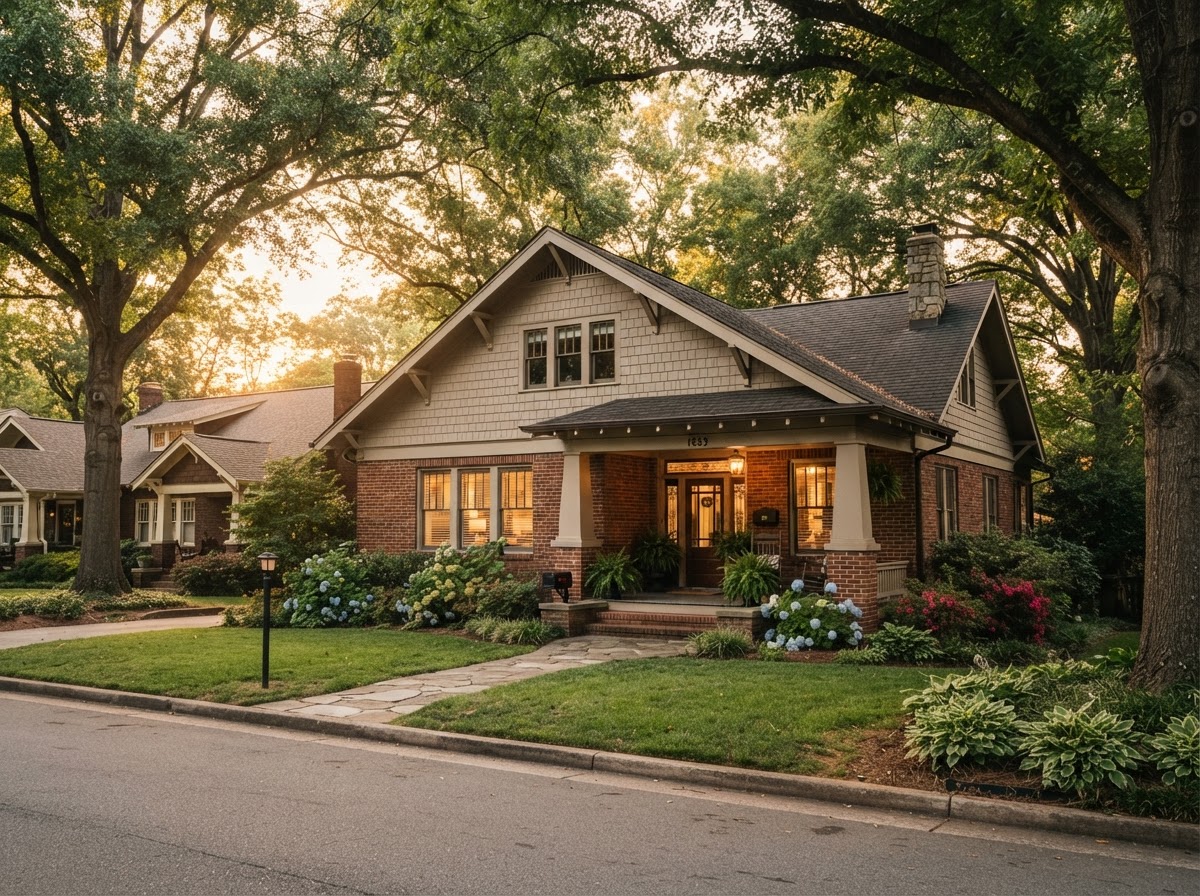 A Charlotte craftsman bungalow home at golden hour