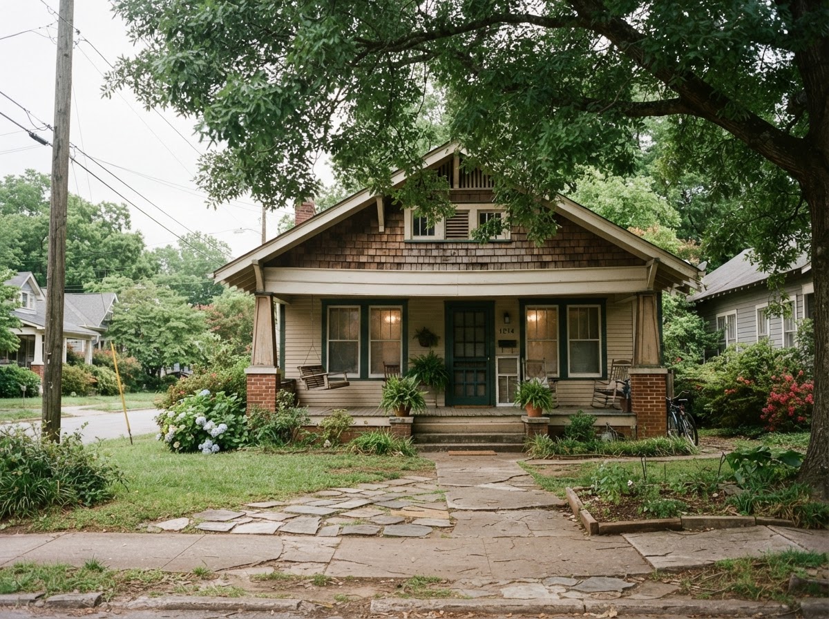 A modest older North Carolina craftsman home with a covered porch