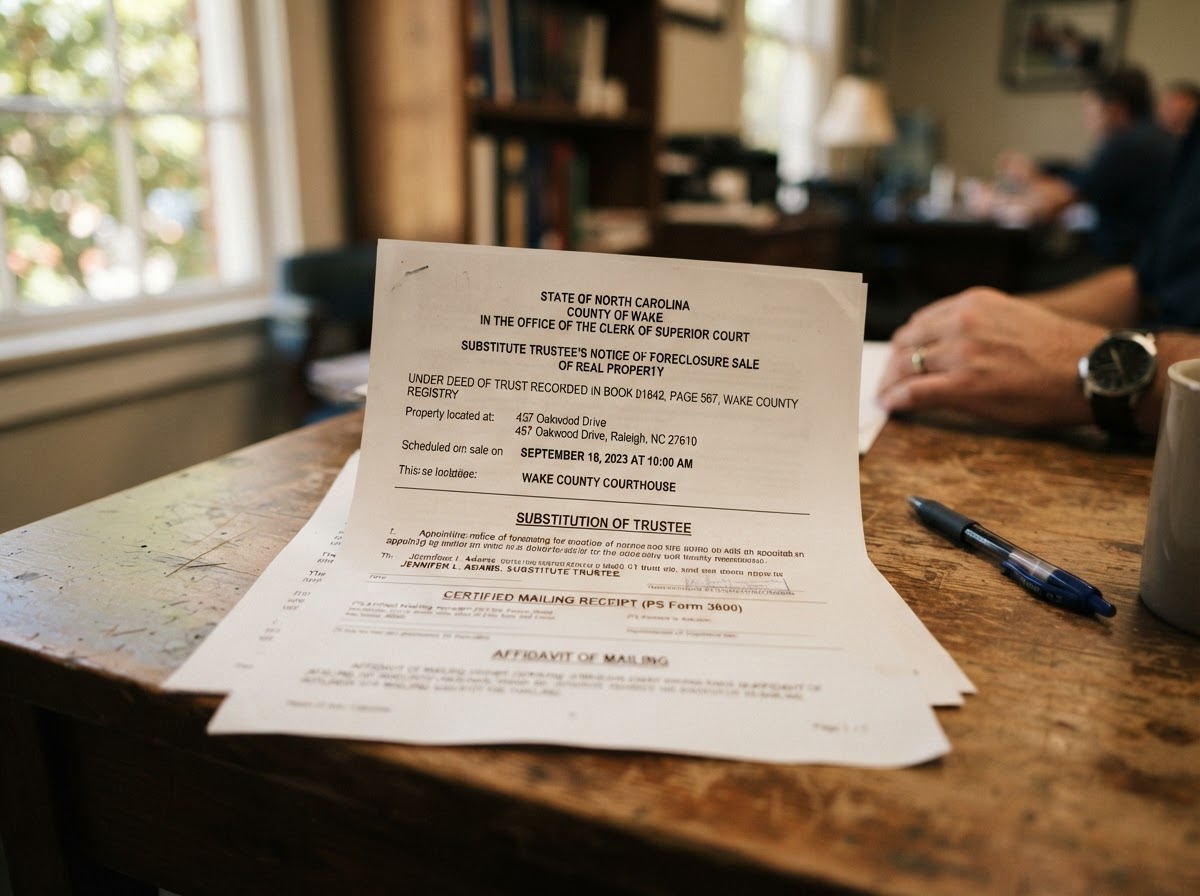 A substitute trustee foreclosure notice and filing documents on a desk