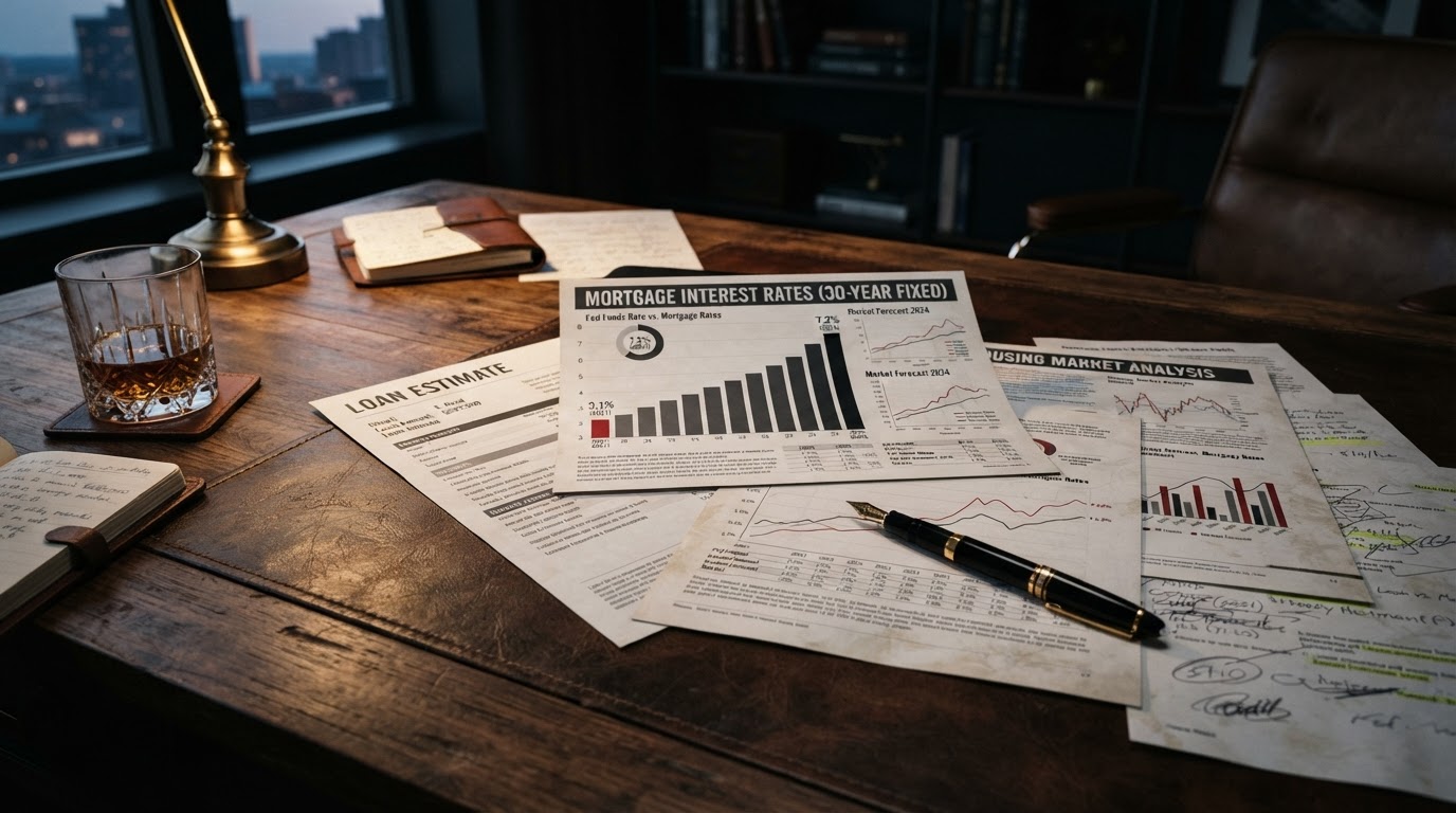 Mortgage rate charts and financial papers with a pen on a wooden desk in a dim office; no people.