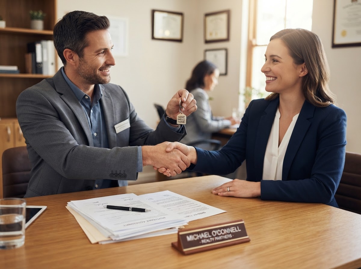 Two people exchange house keys over a desk with paperwork and a pen indoors.