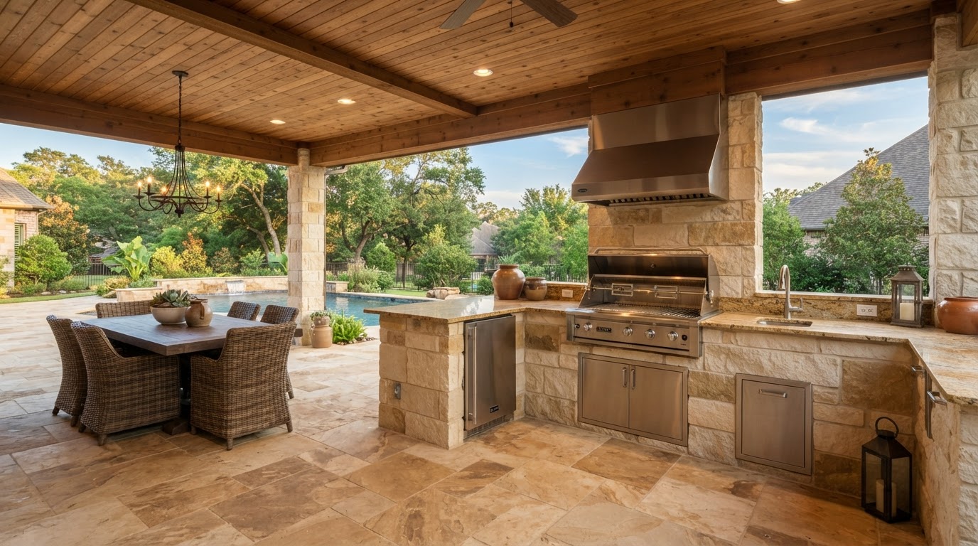 Outdoor kitchen with finished patio flooring in Houston backyard