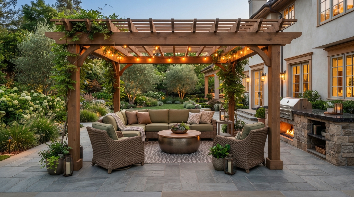 Outdoor patio living space with finished surface