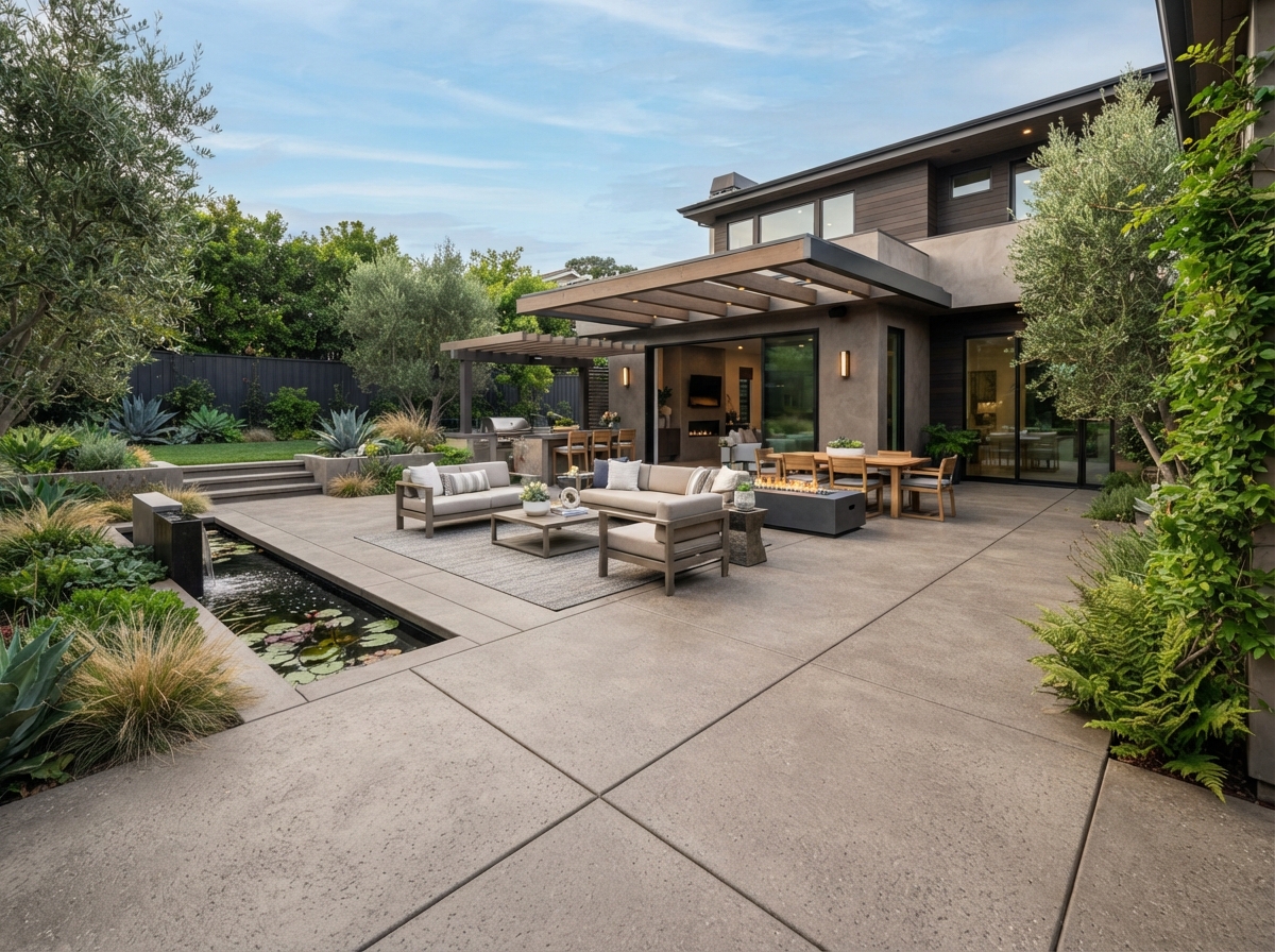 Modern decorative concrete patio surface in a residential backyard