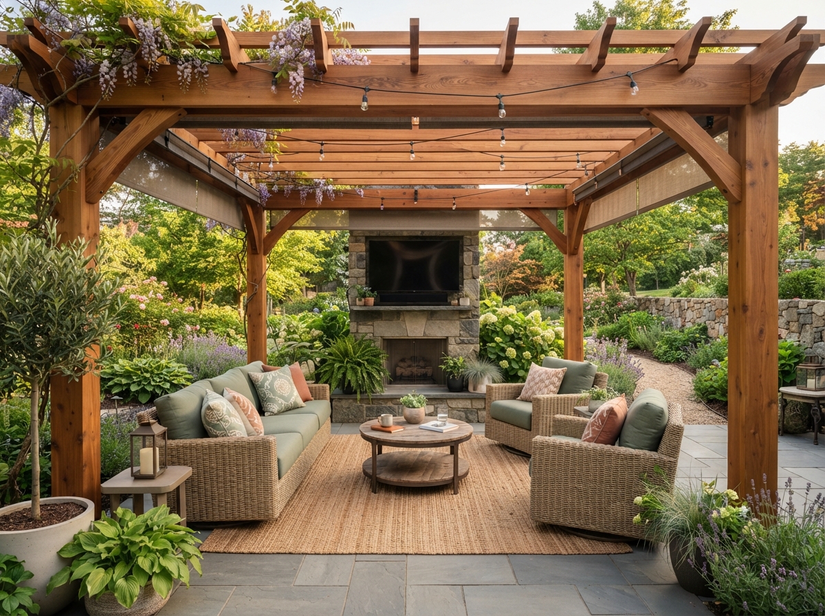 Outdoor living space beneath a pergola with finished flooring surface