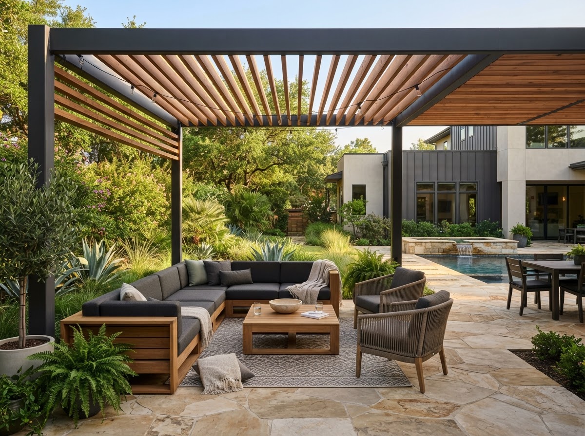 Backyard patio with shade structure and finished stone surface beneath