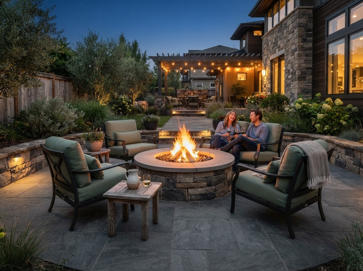 Backyard fire pit with stone surface and surrounding seating area