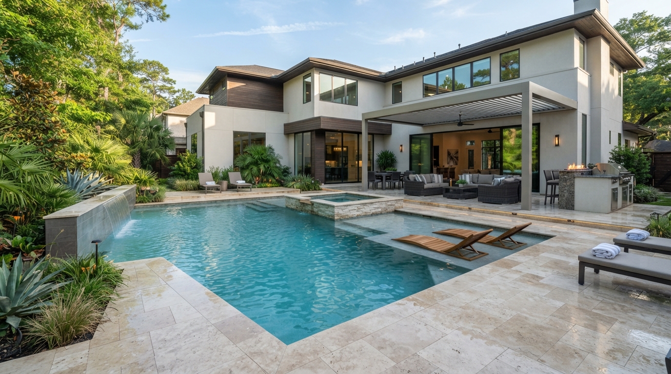 Luxury residential swimming pool with elegant deck surface
