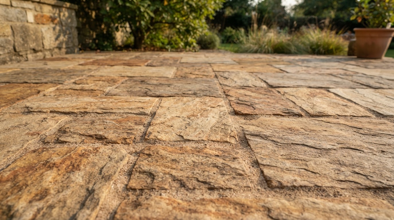 Finished outdoor flooring surface in a residential backyard