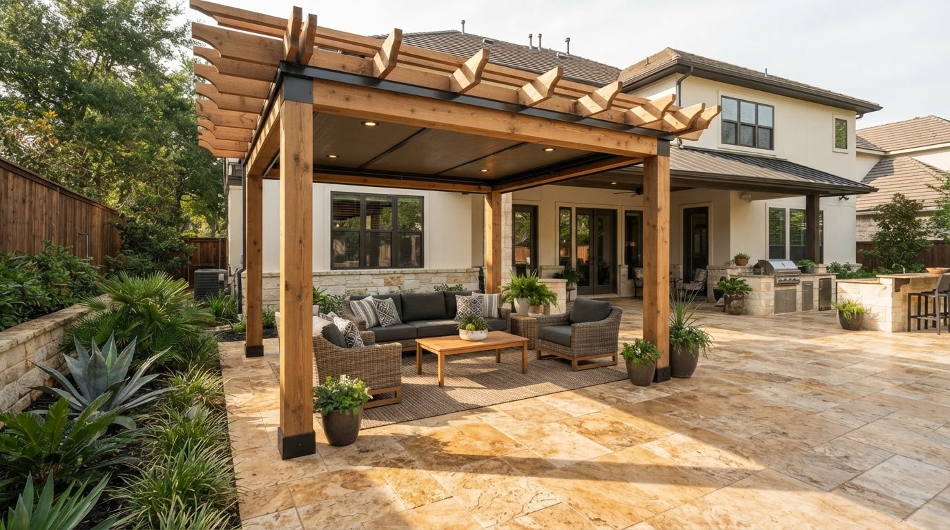 Finished outdoor flooring beneath backyard shade structure in Houston