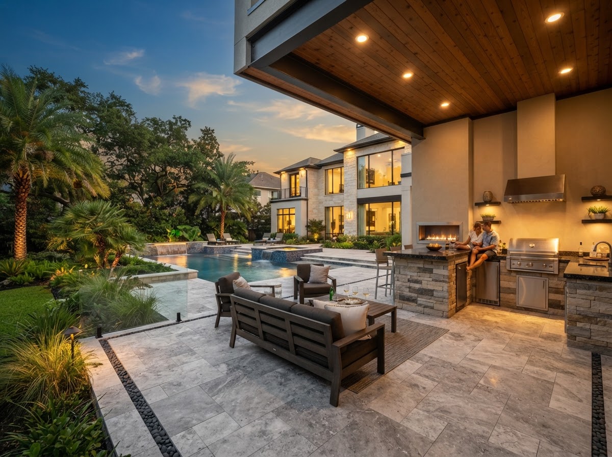 Backyard outdoor flooring with seating and kitchen area
