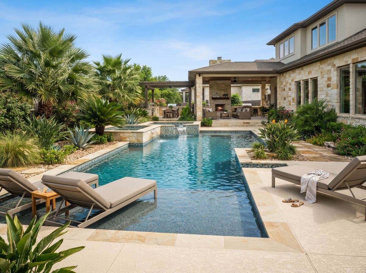 Renovated residential swimming pool with refreshed deck surface