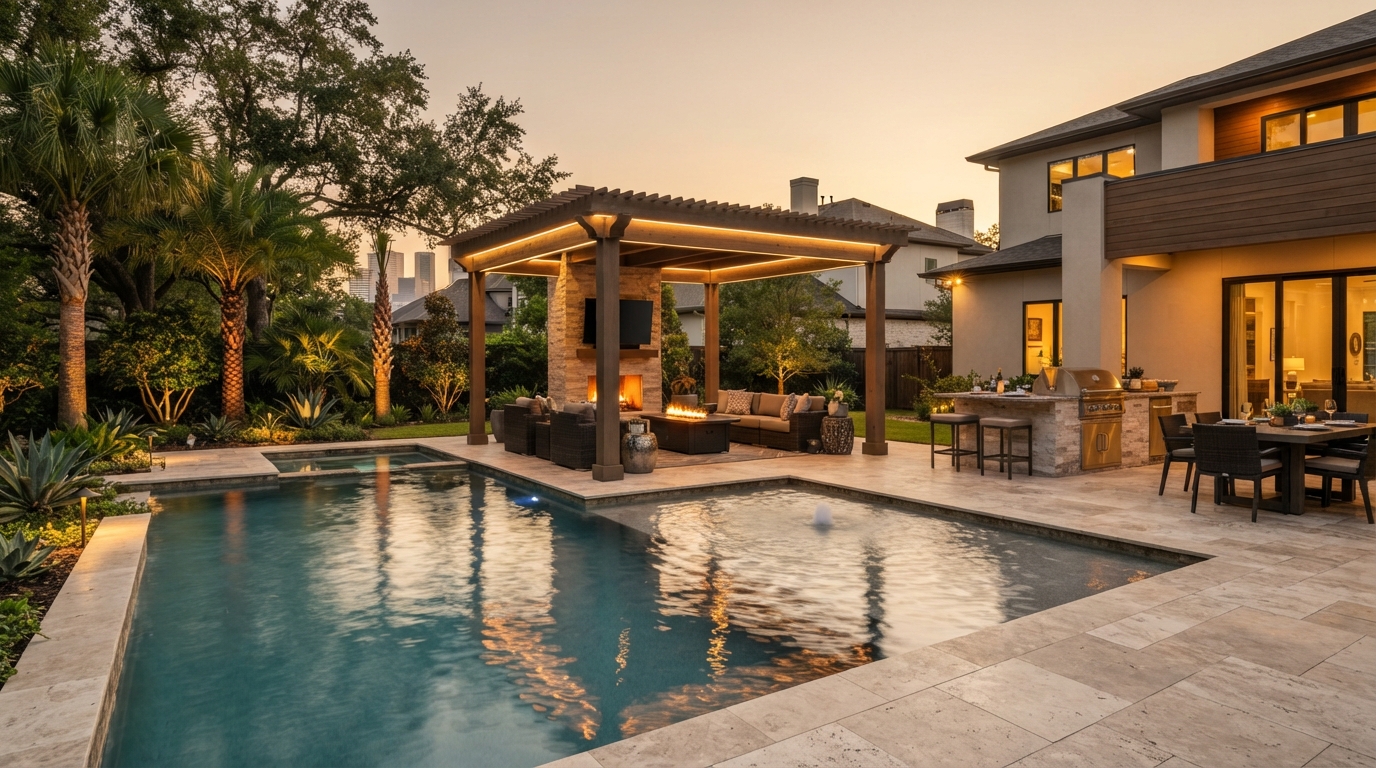 Premium outdoor living space with pool deck and pergola