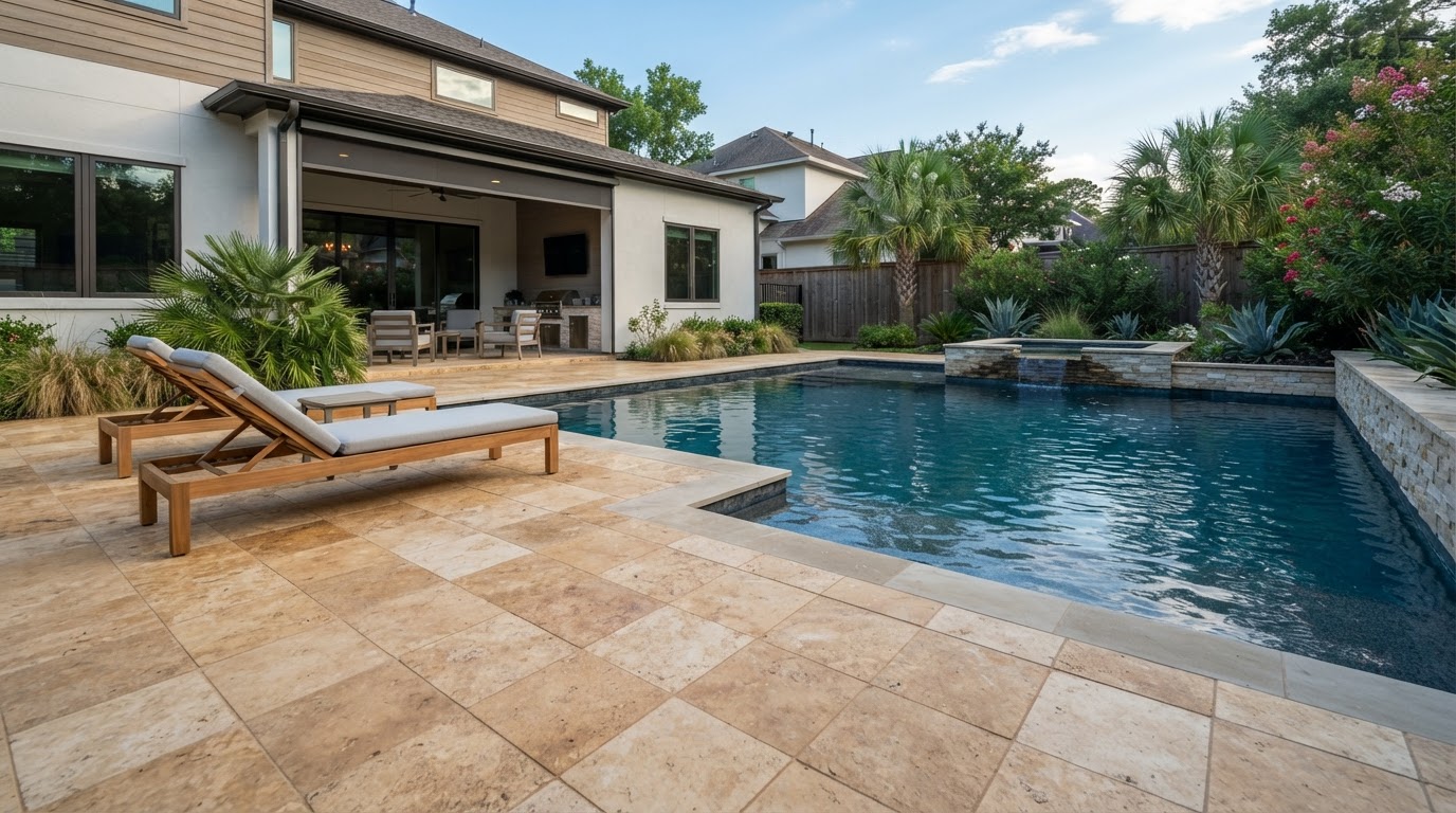 Renovated residential pool area with refreshed deck surface in Houston