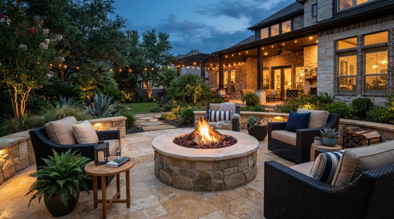 Outdoor fire pit with finished patio surround in Houston backyard