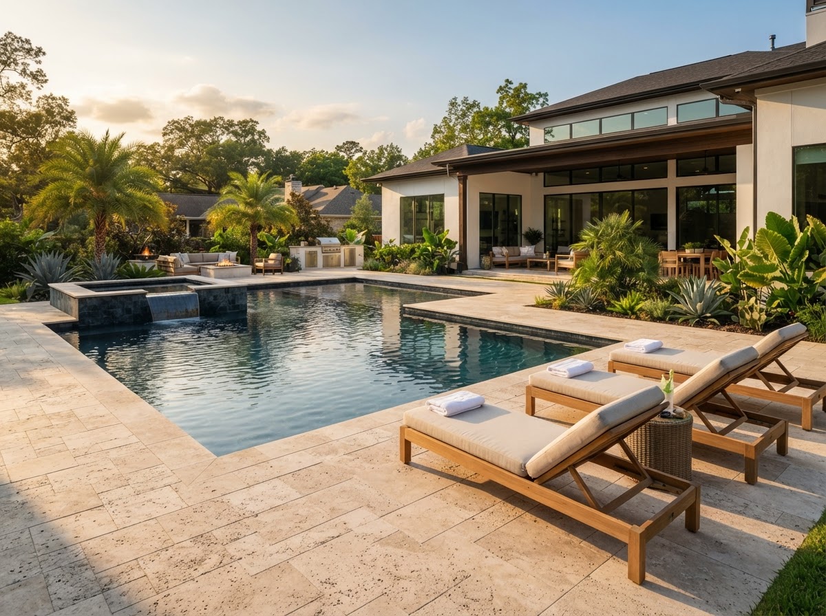 Residential pool deck with lounge chairs and textured surface