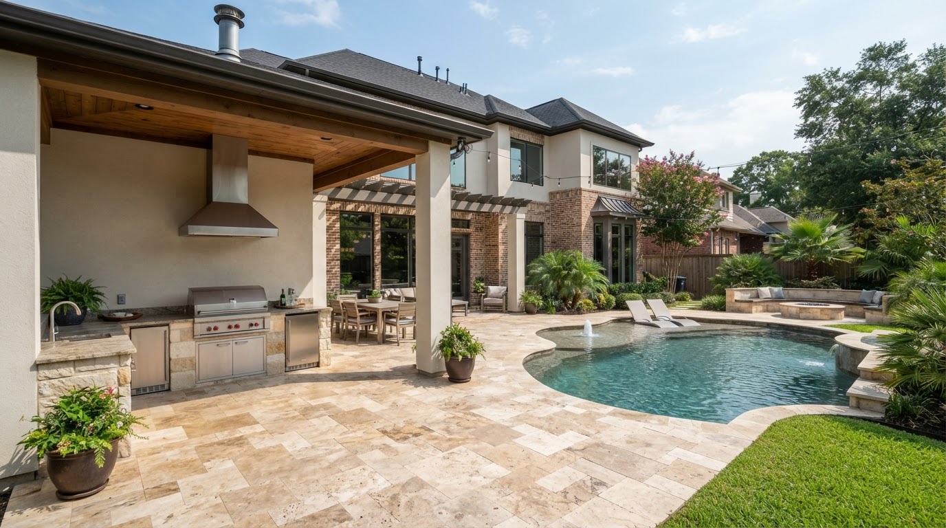 Integrated Houston backyard outdoor living space combining pool deck, patio flooring, covered outdoor kitchen and fire feature gathering area