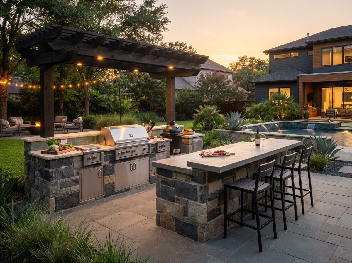 Custom outdoor kitchen with stone countertop and finished patio surface
