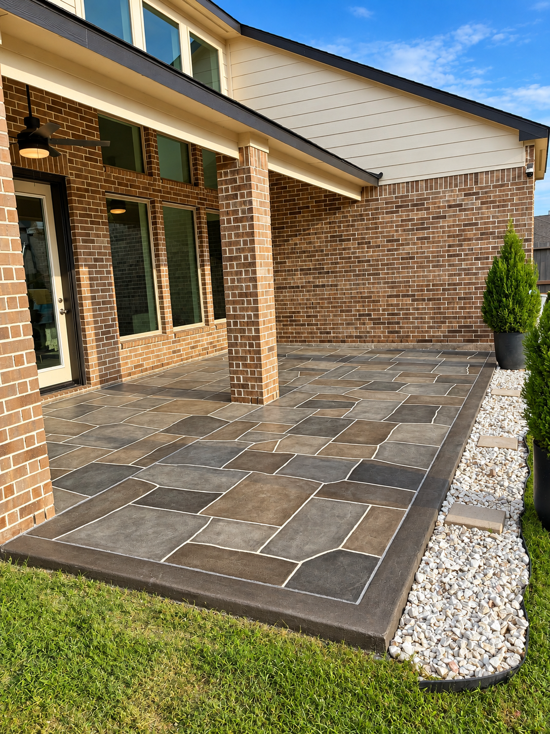 Elegant residential brick home patio surface with custom earth-tone flagstone design and stone border
