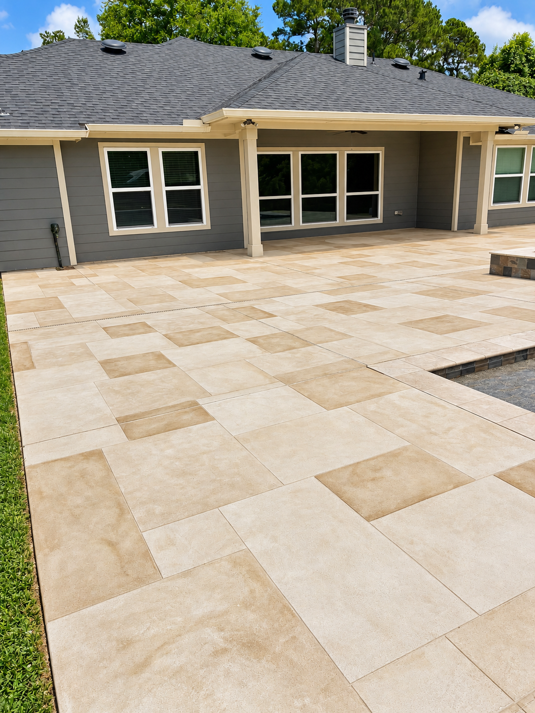 Spacious pool deck and patio outdoor surface with custom square-cut stone finish in a residential backyard
