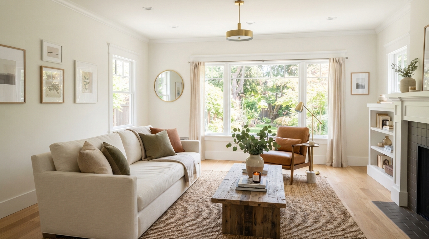 Freshly painted bright living room with clean trim and natural light