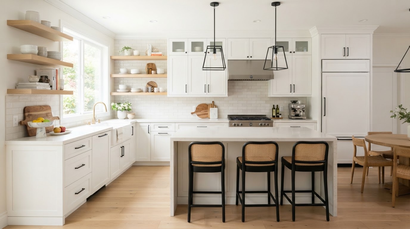 Refinished kitchen with freshly painted white shaker cabinets