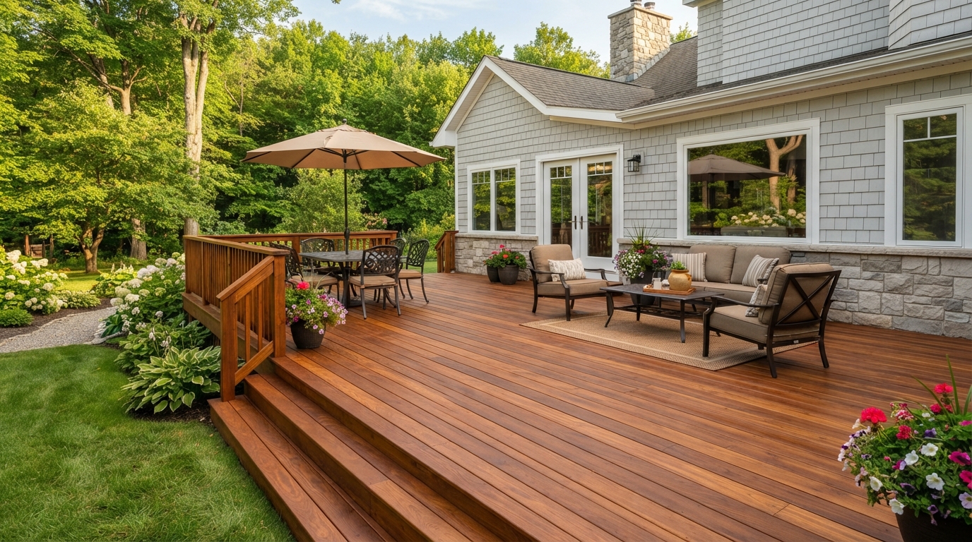 Deck staining — freshly stained wooden deck with a rich warm brown finish in Central MA