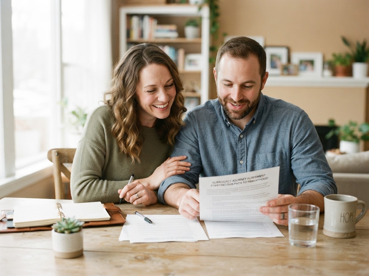 Hopeful intended parents reviewing surrogacy paperwork together in Nassau County New York