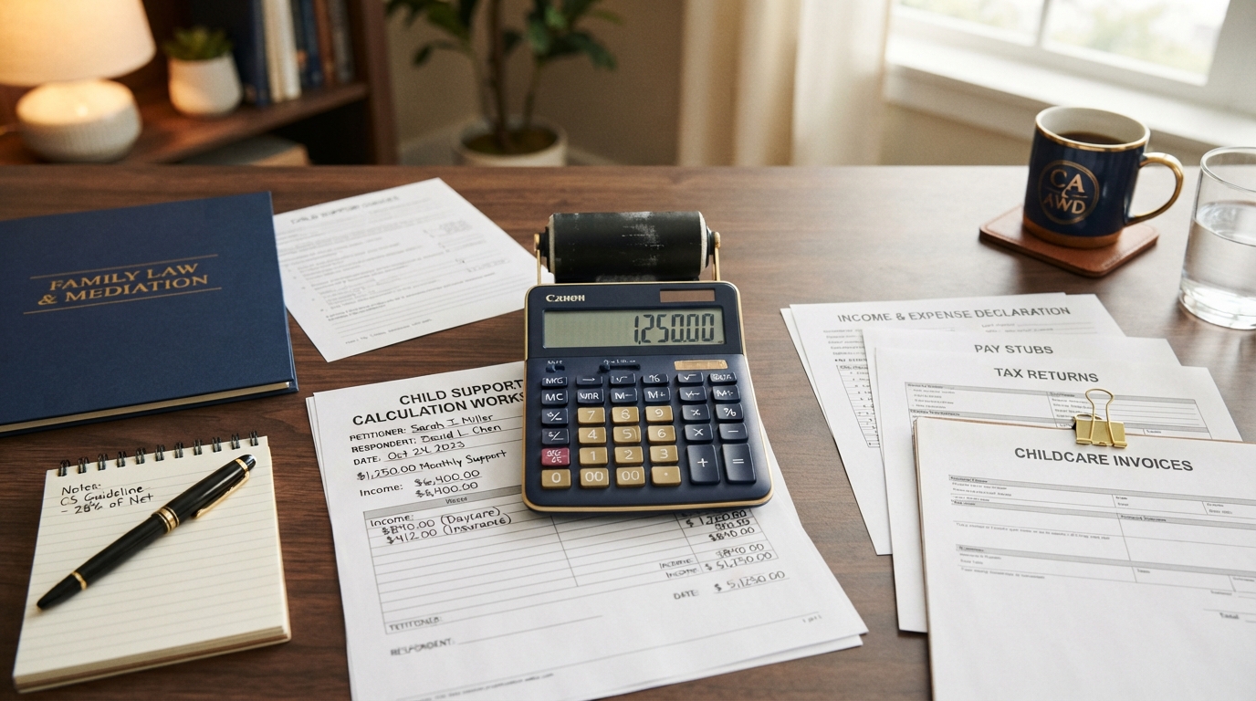 Financial documents and a calculator for child support