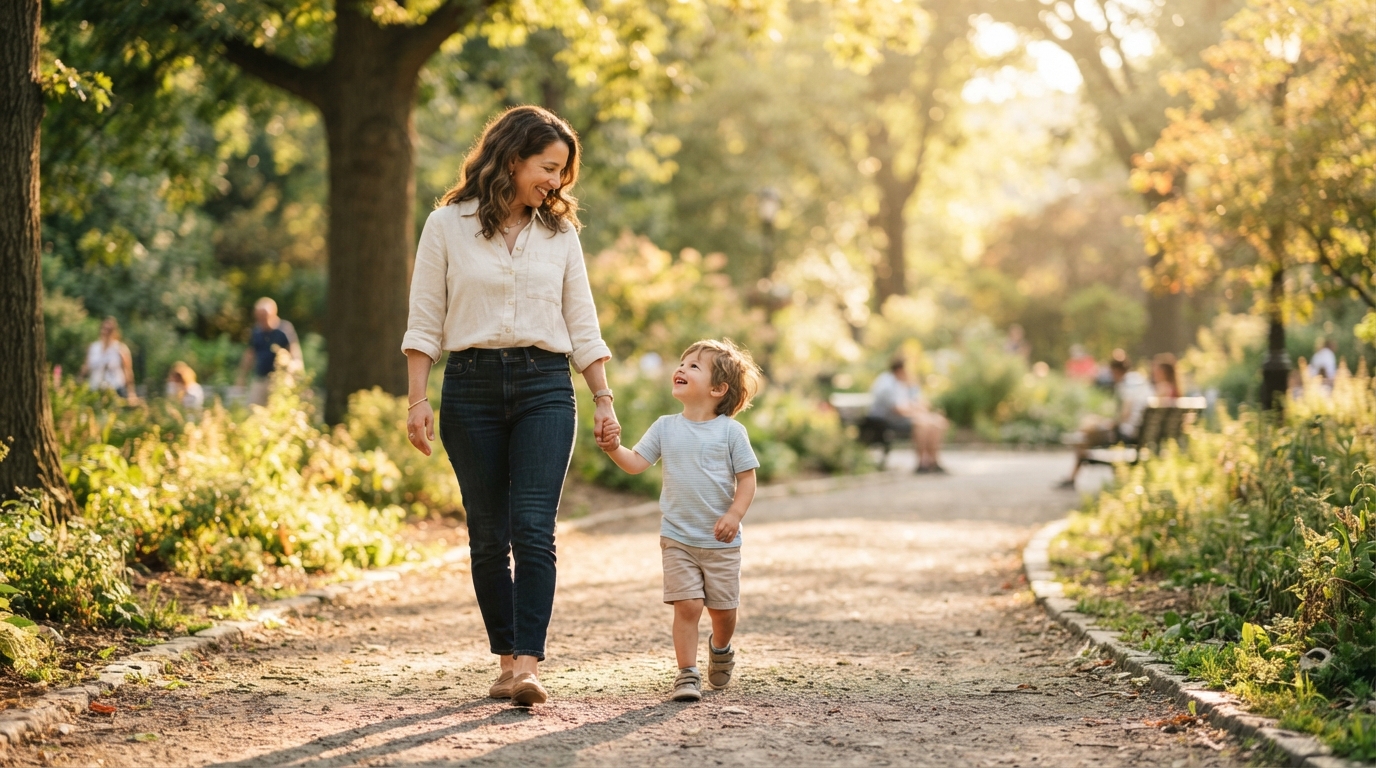 Parent and child walking together representing New York child custody and parenting time