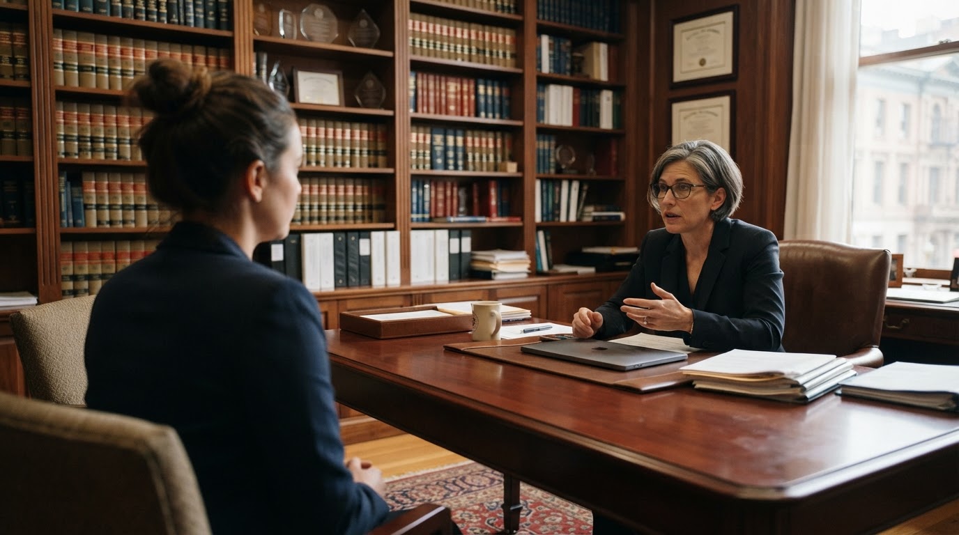 Attorney consultation in a New York law office about hiring a lawyer